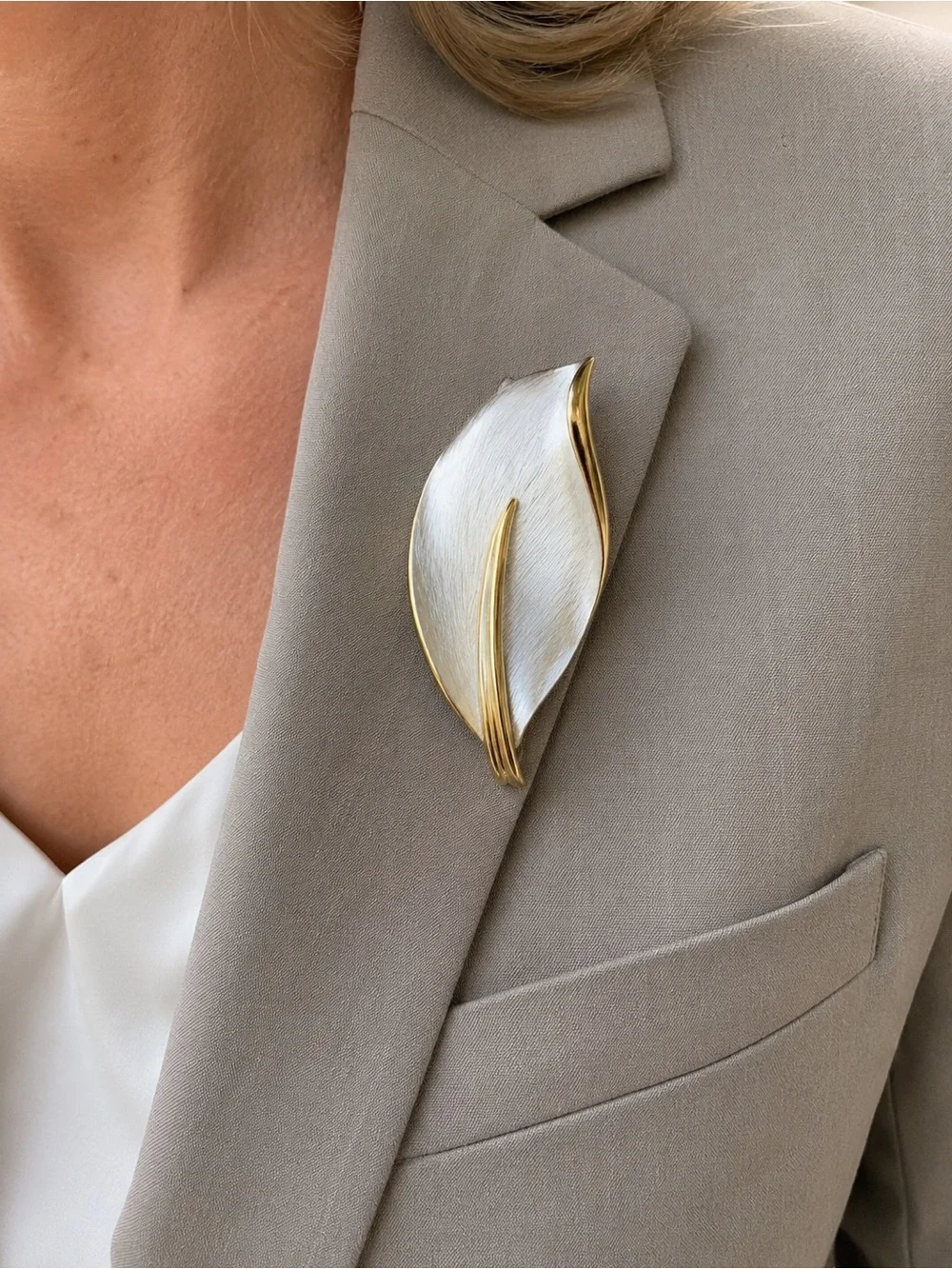 Brushed Silver-Tone Leaf Brooch with Gold Accent - Women Jewelry Brooches